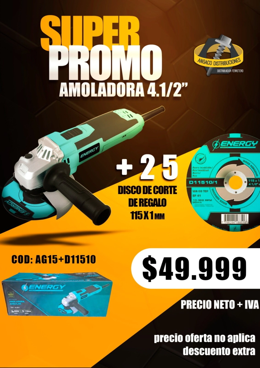 COMBO AMOLADORA + 25 DISCOS DE CORTE ENERGY